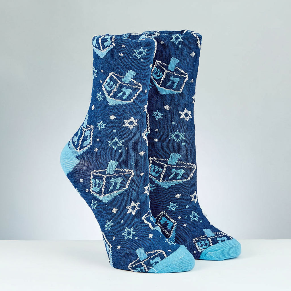 Chanukah Adult Crew Socks, Dreidel Design with Metallic Detail