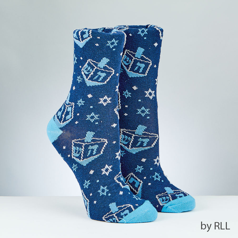 Chanukah Adult Crew Socks, Dreidel Design with Metallic Detail